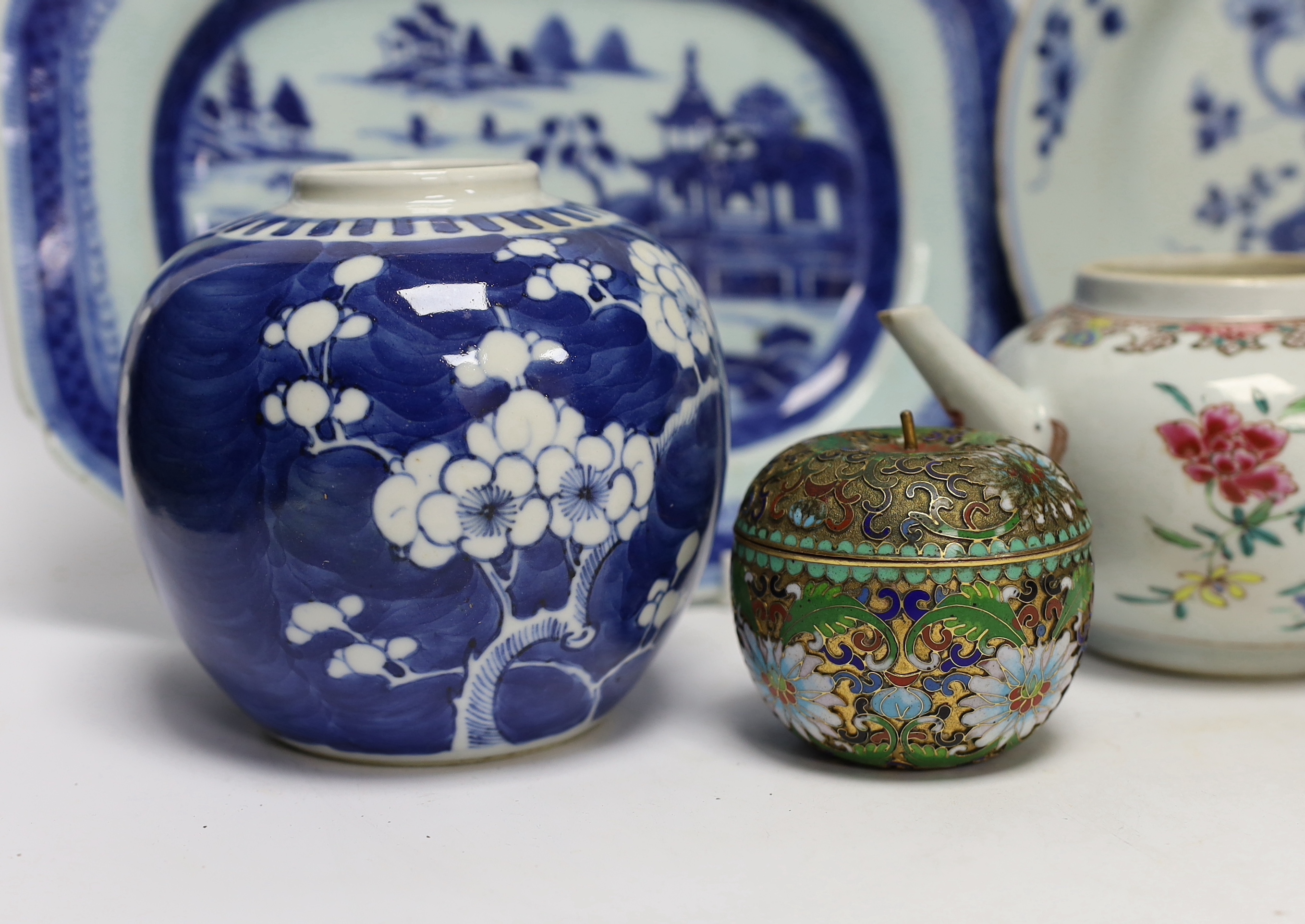An 18th/19th century Chinese teapot, cup, dish, platter, jar and a cloisonne box, platter 28.5cm wide